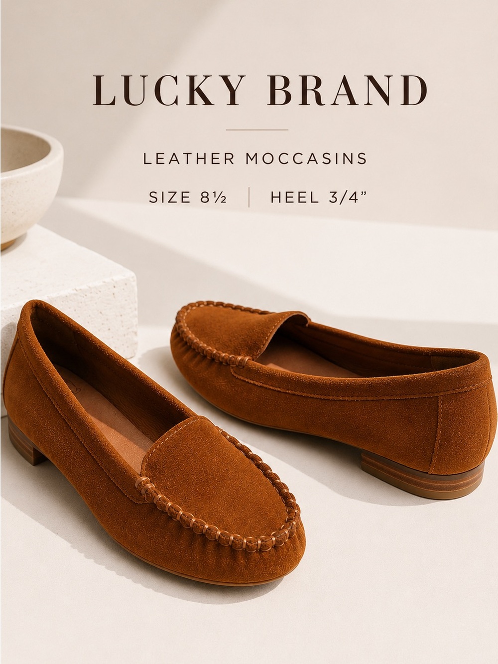 Lucky Brand Brown Suede Moccasins Flats Boho Casual Comfort Shoes Size 8.5